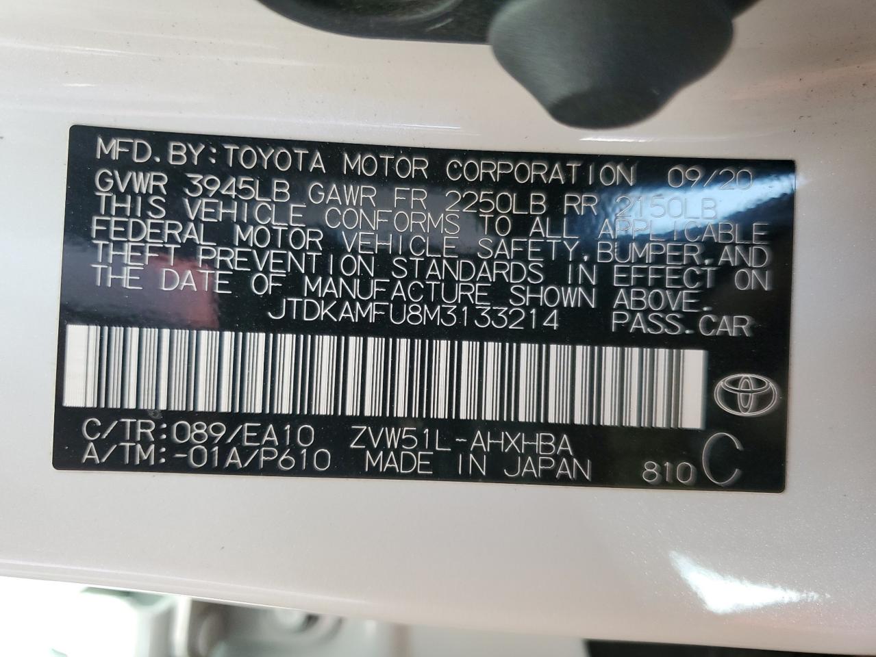 2021 Toyota Prius Special Edition VIN: JTDKAMFU8M3133214 Lot: 80215745