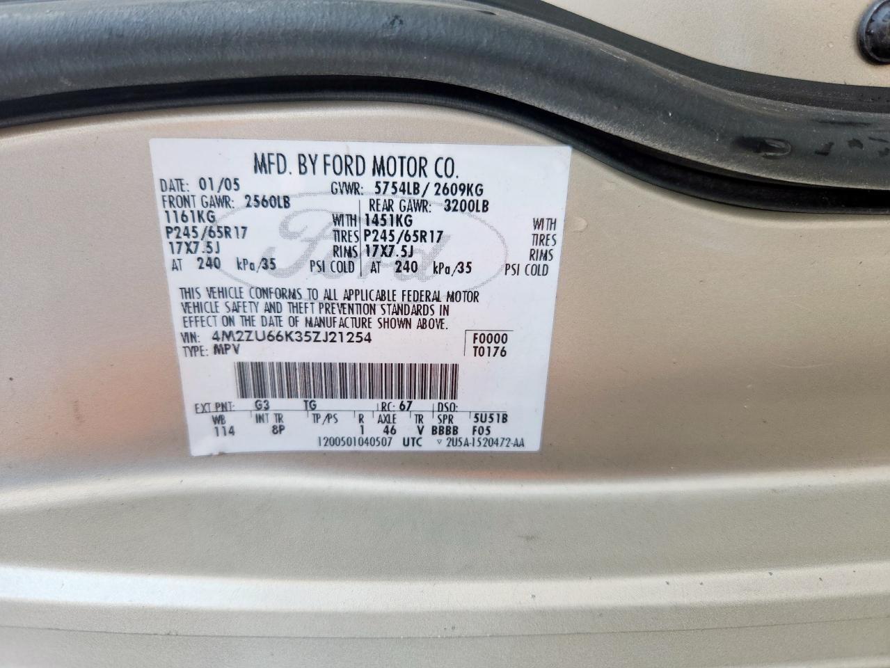 2005 Mercury Mountaineer VIN: 4M2ZU66K35ZJ21254 Lot: 81519605