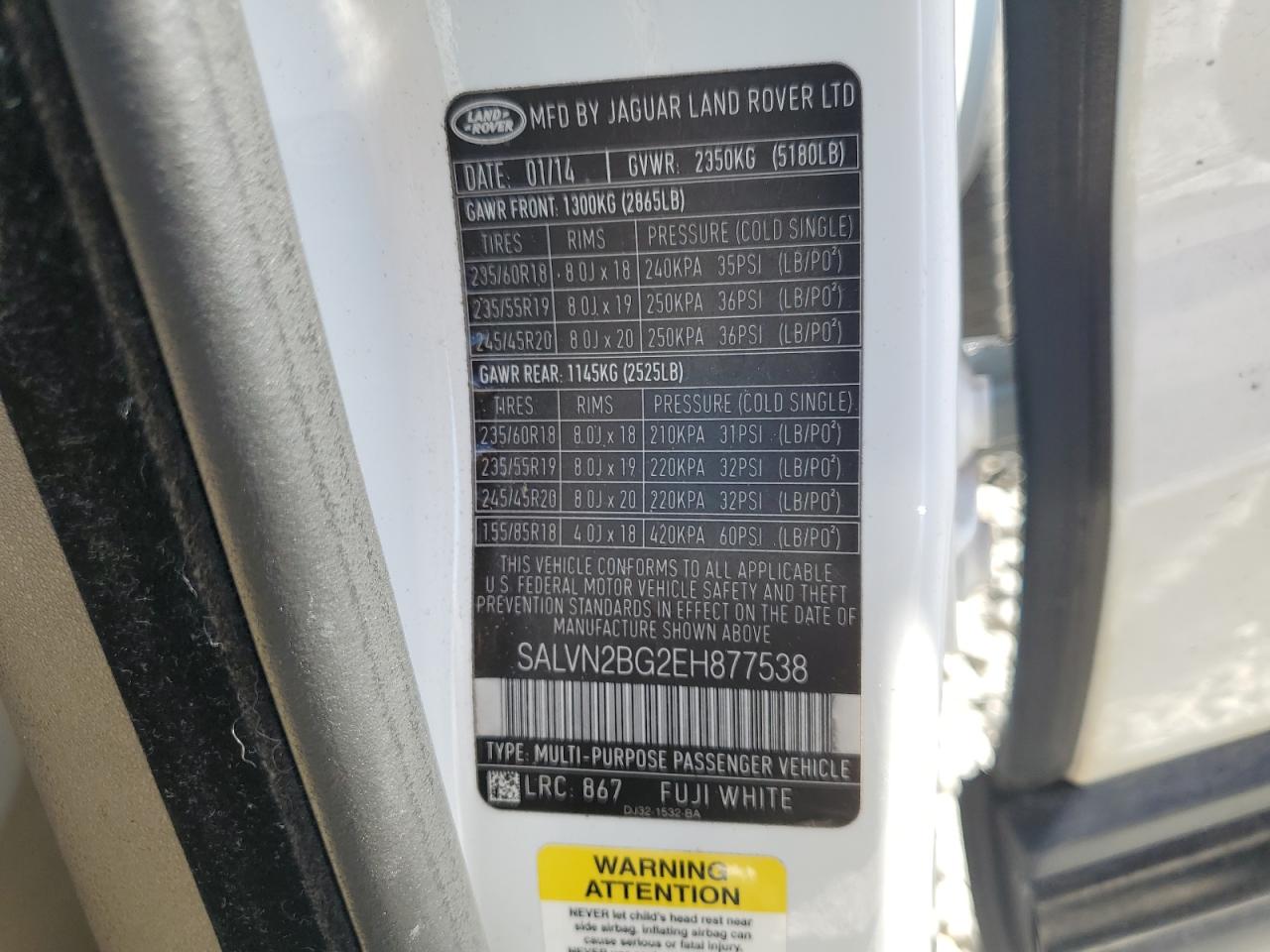 2014 Land Rover Range Rover Evoque Pure VIN: SALVN2BG2EH877538 Lot: 81843015