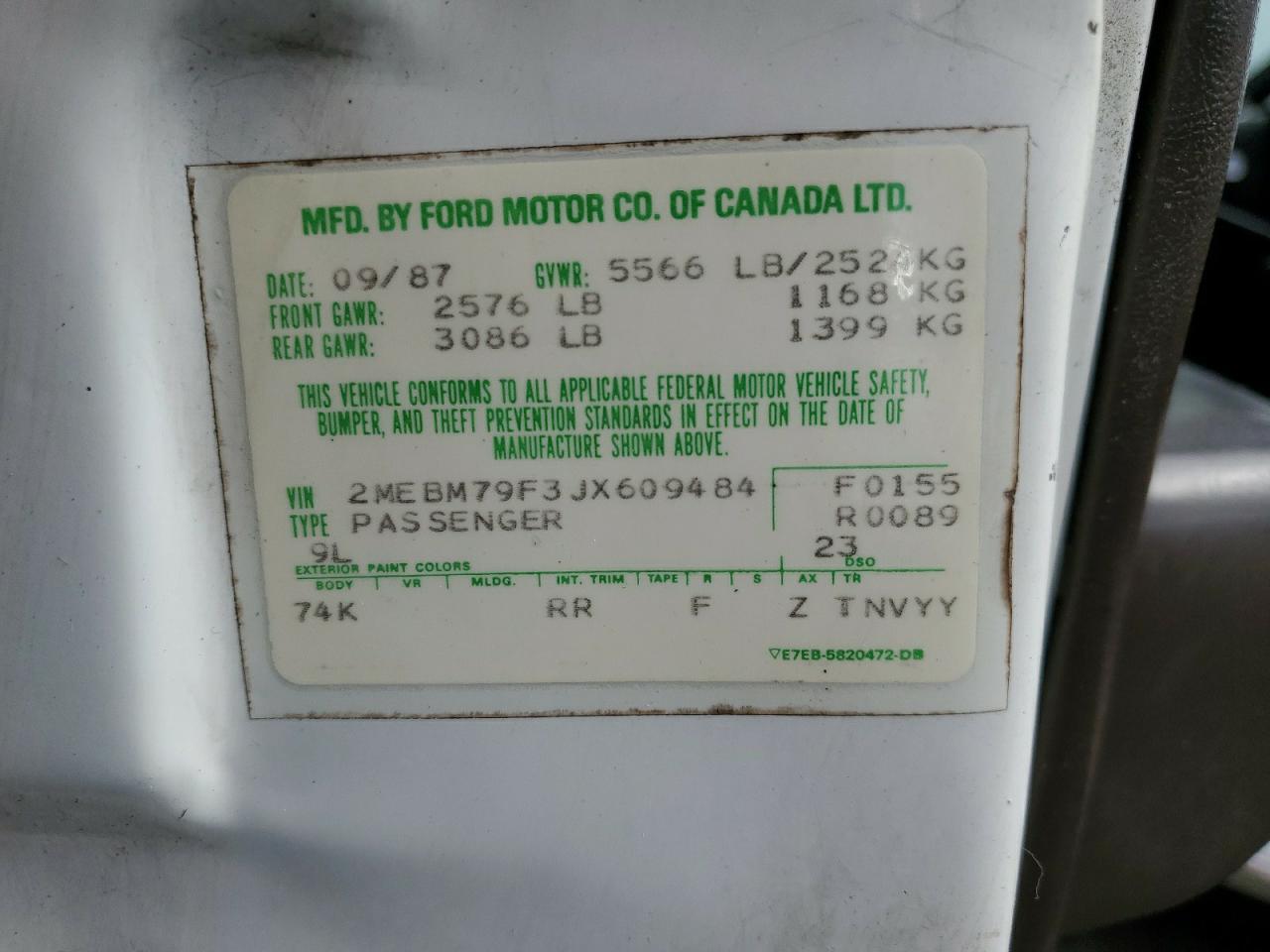 1988 Mercury Marquis Colony Park Ls VIN: 2MEBM79F3JX609484 Lot: 84738205