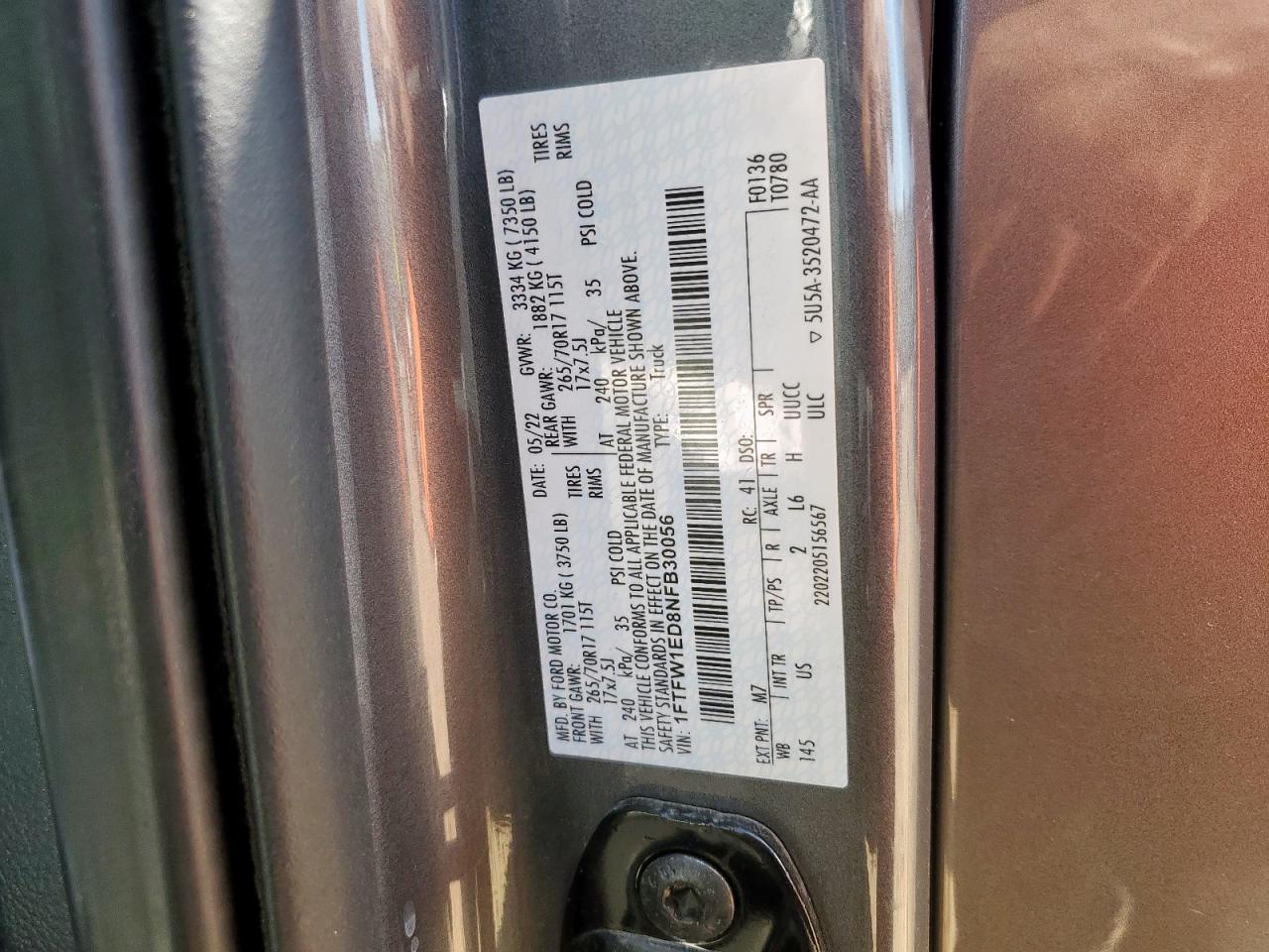 2022 Ford F150 Supercrew VIN: 1FTFW1ED8NFB30056 Lot: 80736695