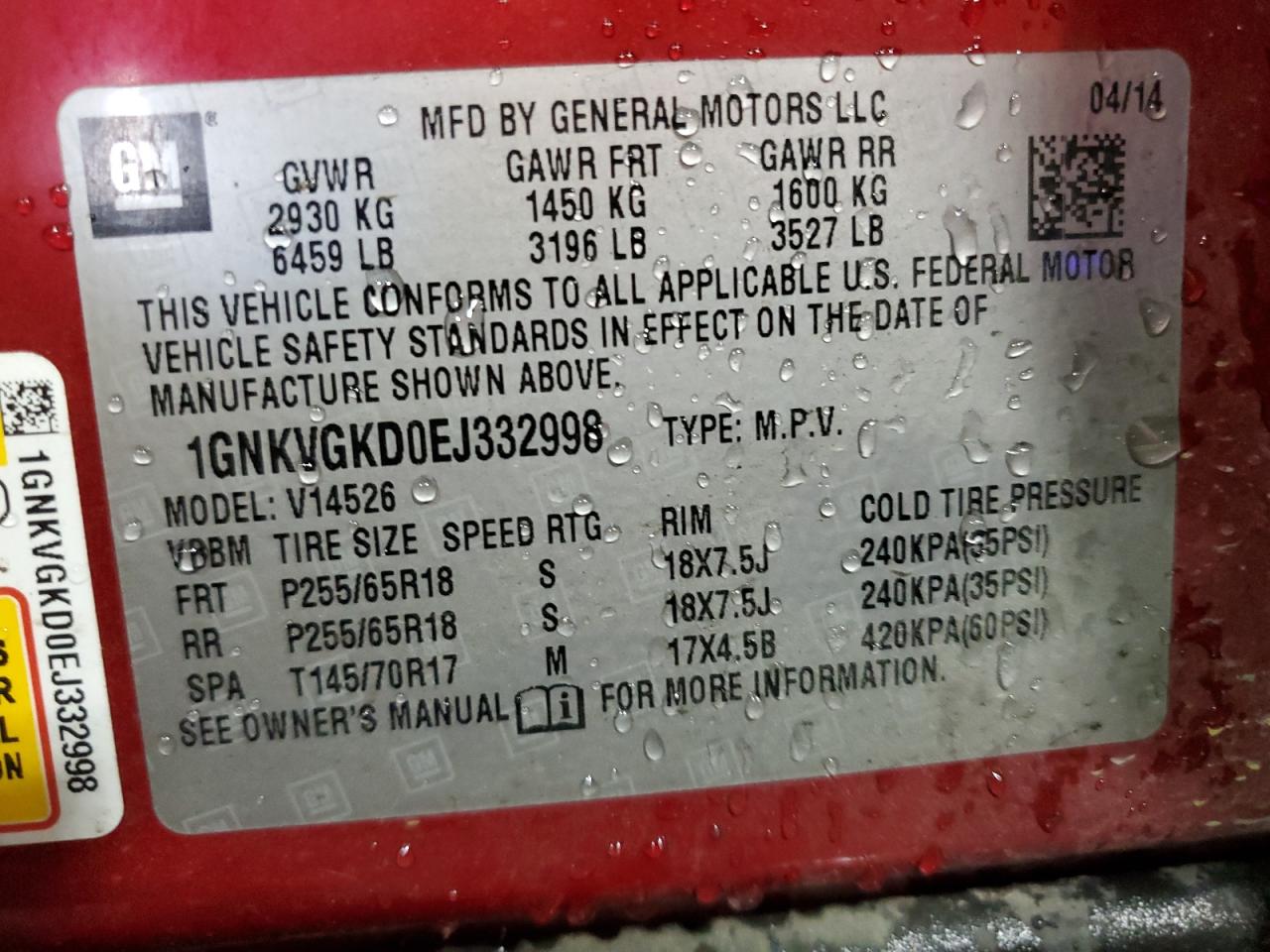 2014 Chevrolet Traverse Lt VIN: 1GNKVGKD0EJ332998 Lot: 84400475