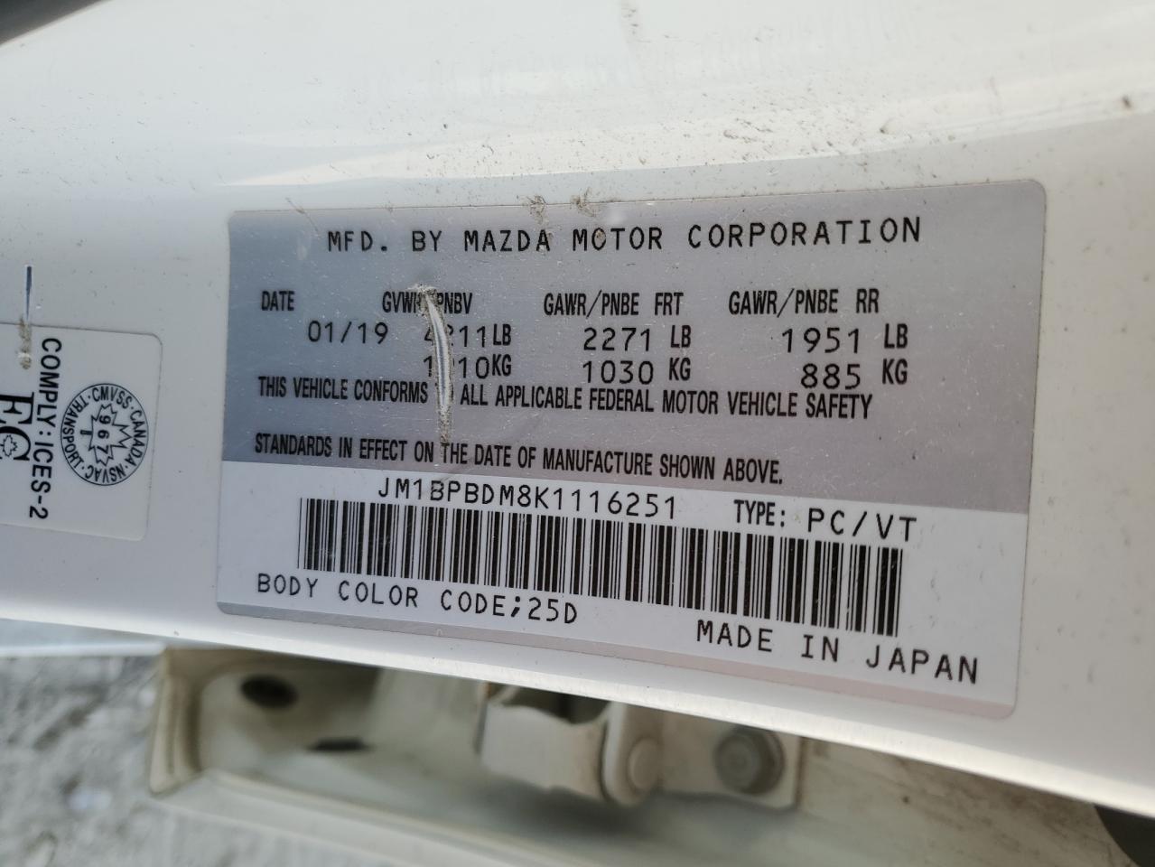 2019 Mazda 3 Preferred VIN: JM1BPBDM8K1116251 Lot: 80924795