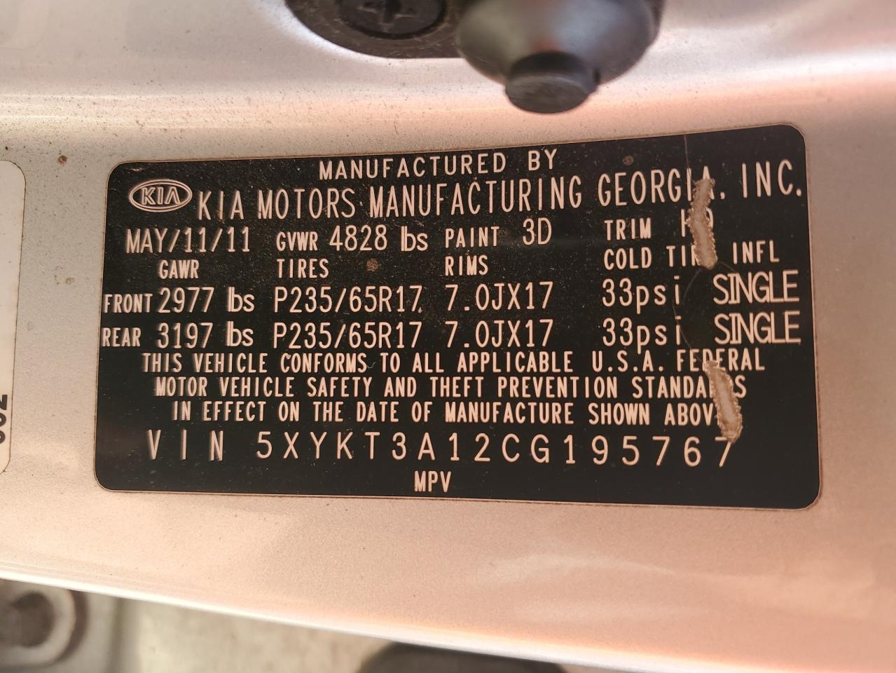 2012 Kia Sorento Base VIN: 5XYKT3A12CG195767 Lot: 81789205