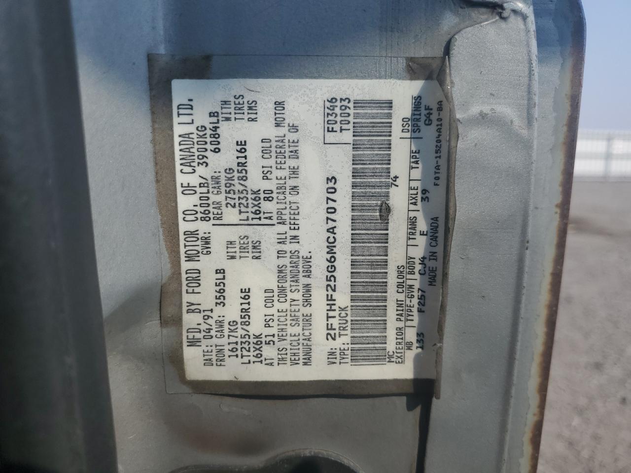 1991 Ford F250 VIN: 2FTHF25G6MCA70703 Lot: 71862525