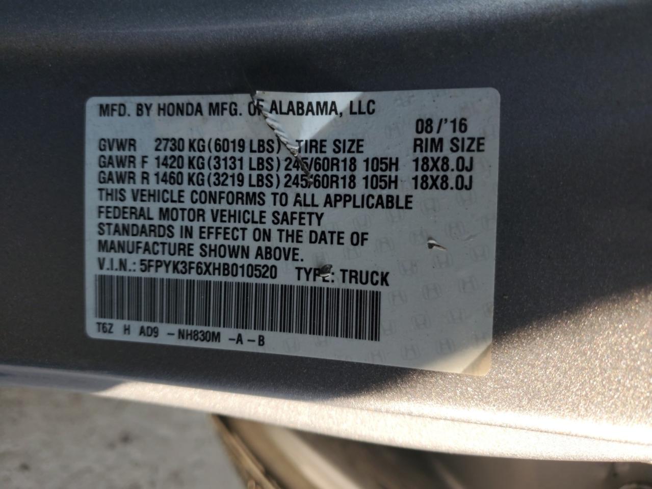 2017 Honda Ridgeline Rtl VIN: 5FPYK3F6XHB010520 Lot: 72064055