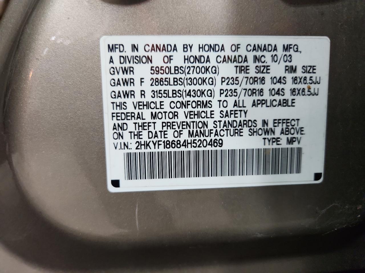 2004 Honda Pilot Exl VIN: 2HKYF18684H520469 Lot: 80737965
