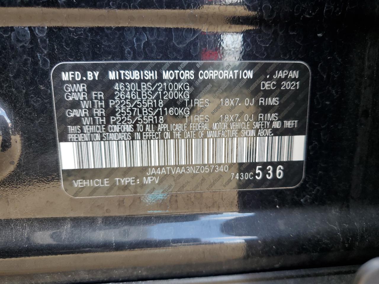 2022 Mitsubishi Eclipse Cross Le VIN: JA4ATVAA3NZ057340 Lot: 80651495
