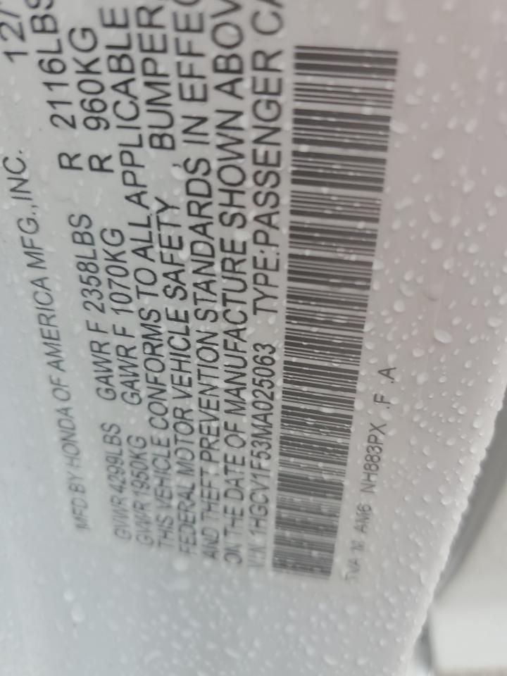 2021 Honda Accord Exl VIN: 1HGCV1F53MA025063 Lot: 81415175