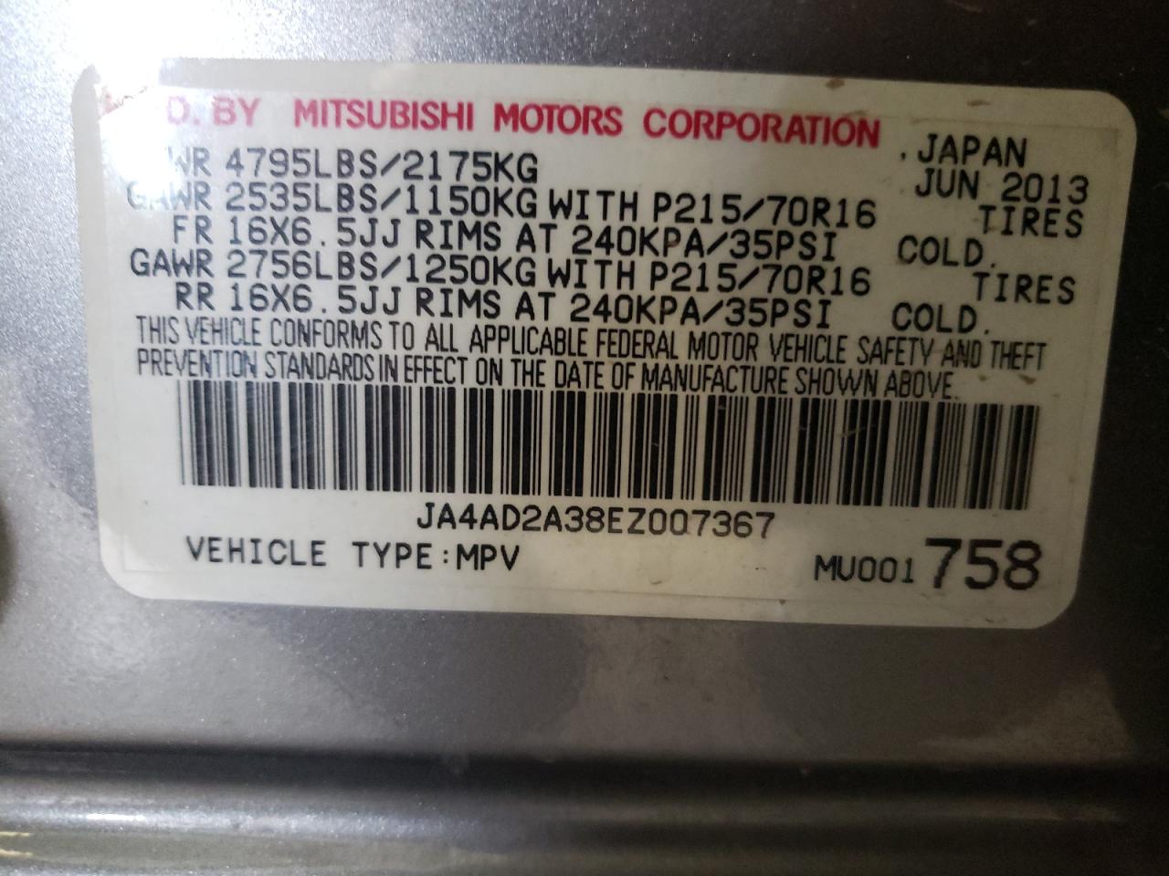 2014 Mitsubishi Outlander Es VIN: JA4AD2A38EZ007367 Lot: 71660065