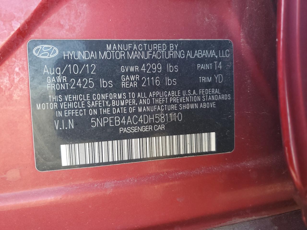 2013 Hyundai Sonata Gls VIN: 5NPEB4AC4DH581110 Lot: 81226995