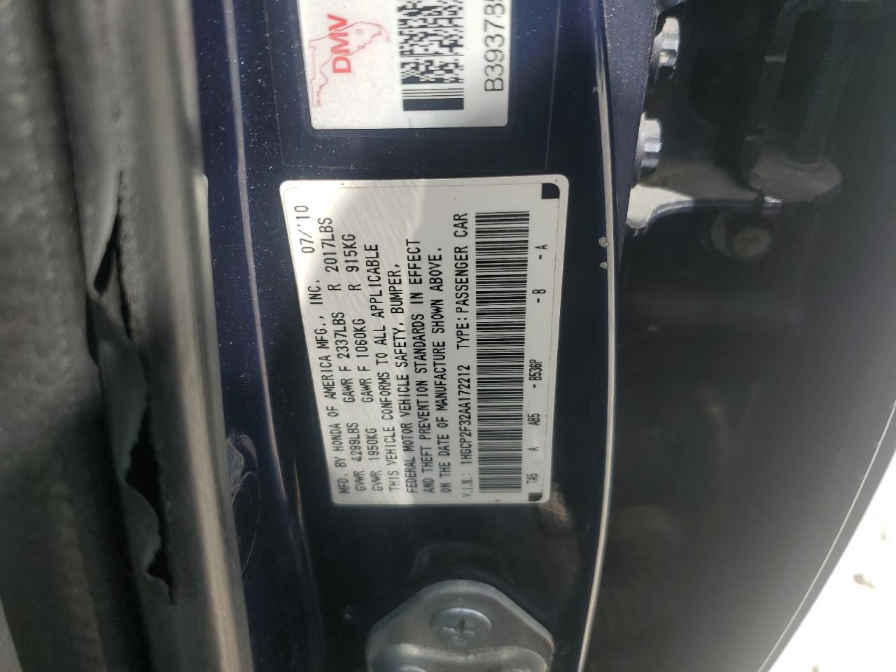 2010 Honda Accord Lx VIN: 1HGCP2F32AA172212 Lot: 71969285