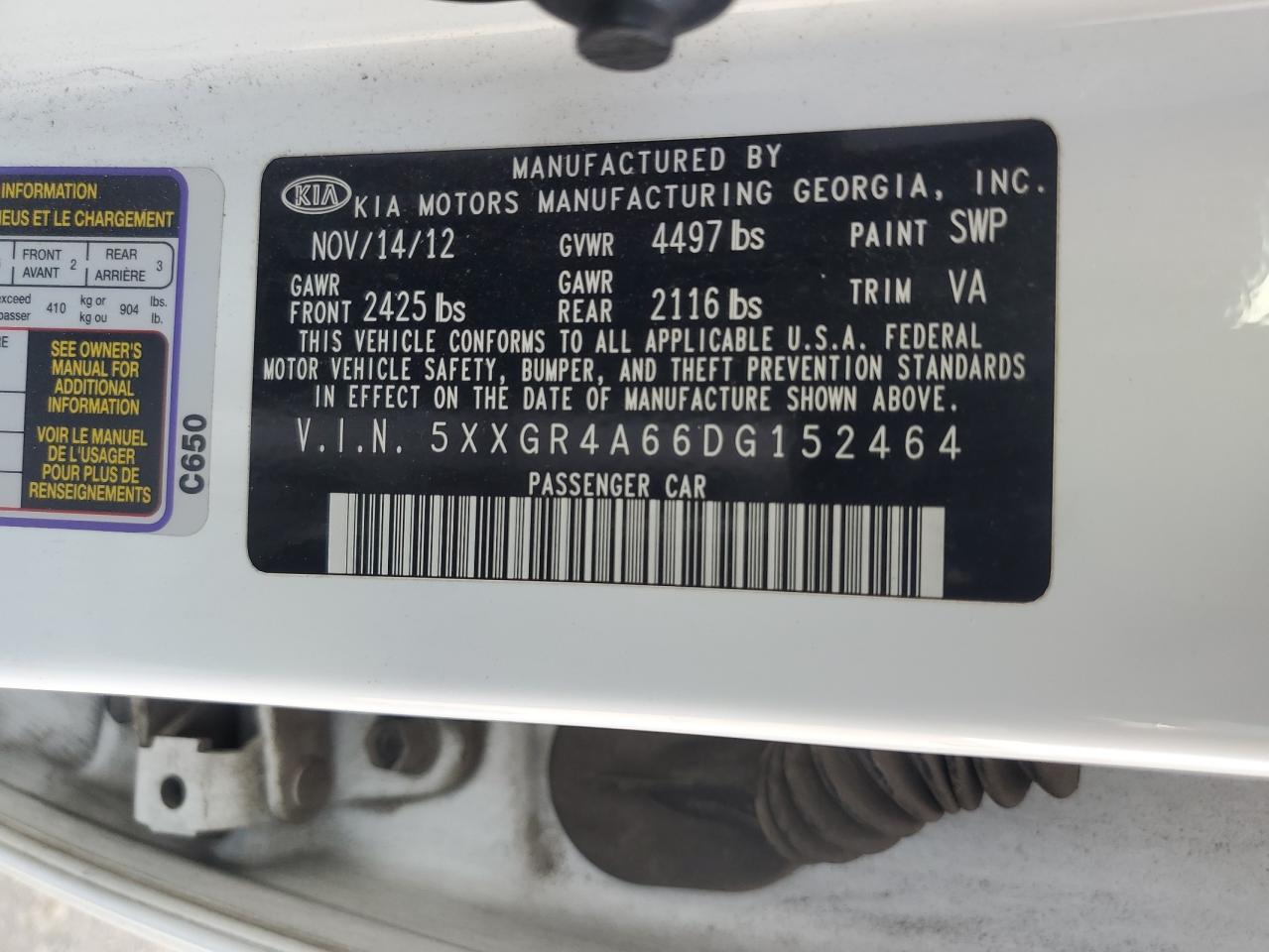 2013 Kia Optima Sx VIN: 5XXGR4A66DG152464 Lot: 81098965