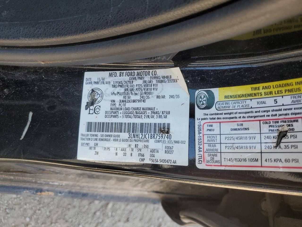 2011 Lincoln Mkz VIN: 3LNHL2JC1BR759740 Lot: 80097285