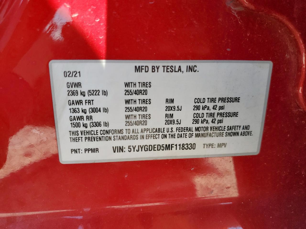 2021 Tesla Model Y VIN: 5YJYGDED5MF118330 Lot: 84453915