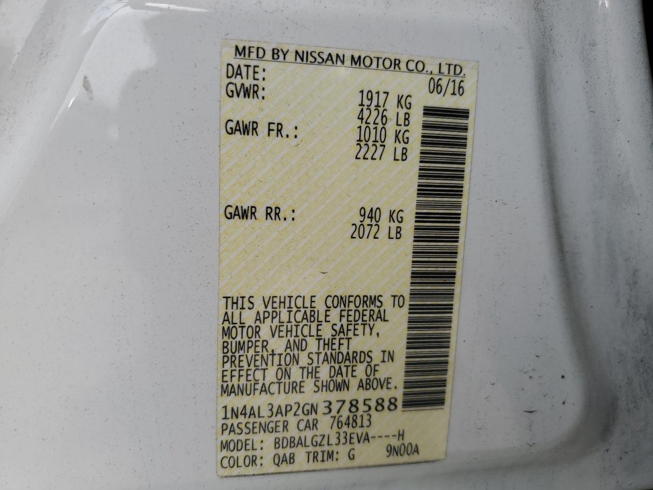2016 Nissan Altima 2.5 VIN: 1N4AL3AP2GN378588 Lot: 81831445