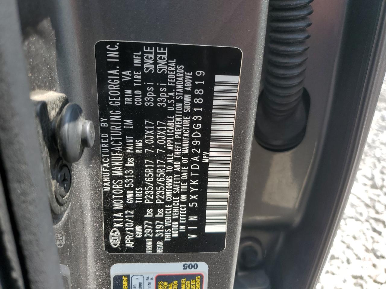 2013 Kia Sorento Lx VIN: 5XYKTDA29DG318819 Lot: 71547975