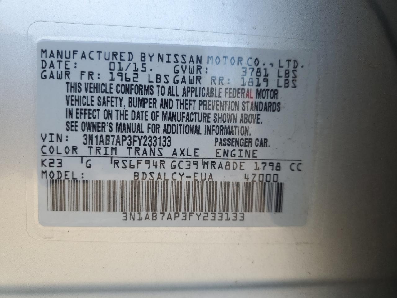 2015 Nissan Sentra S VIN: 3N1AB7AP3FY233133 Lot: 72076355