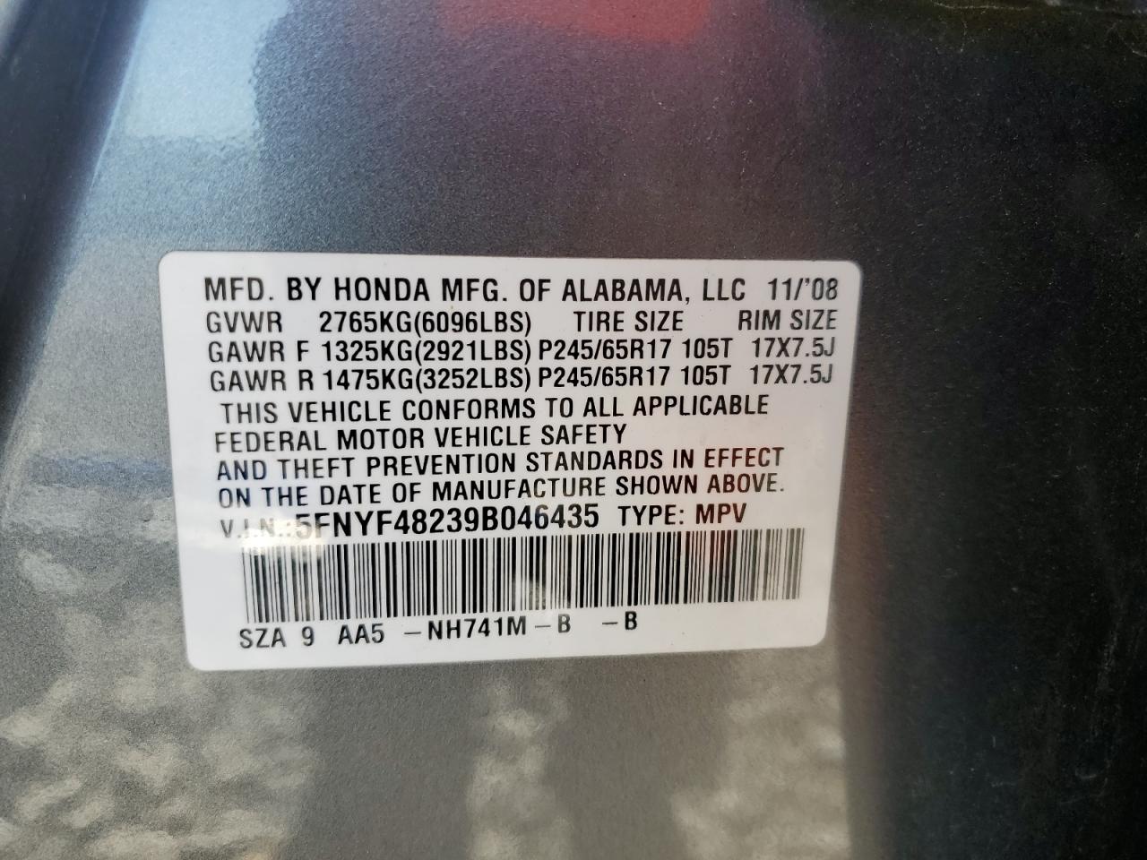 2009 Honda Pilot Lx VIN: 5FNYF48239B046435 Lot: 81896615