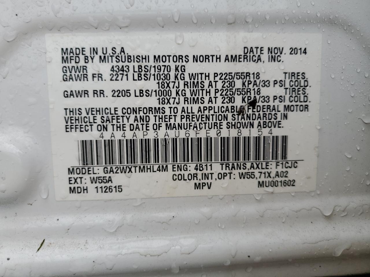 2015 Mitsubishi Outlander Sport Es VIN: 4A4AP3AU6FE018154 Lot: 71224065