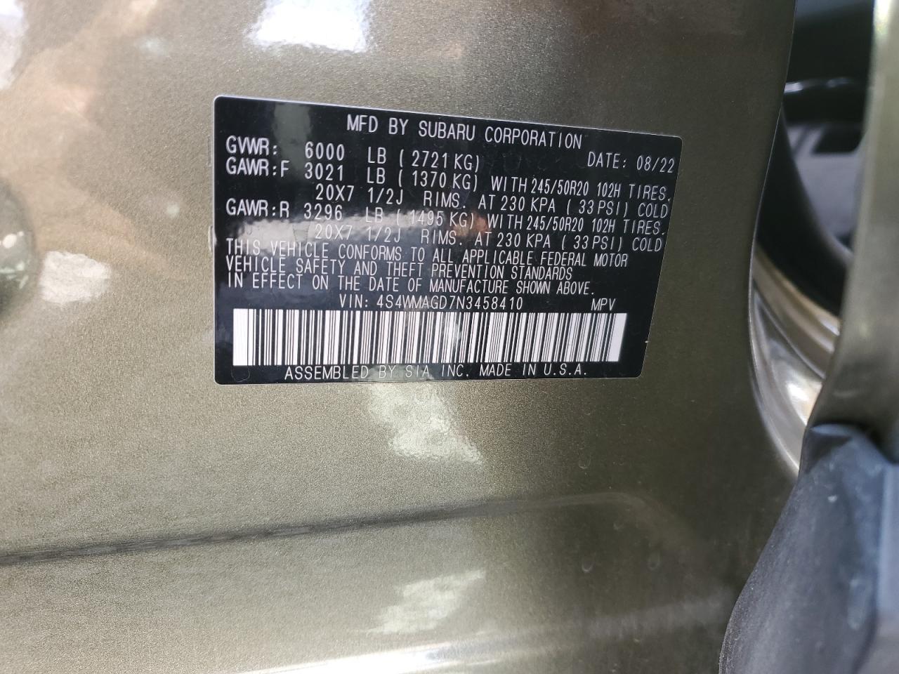 2022 Subaru Ascent Onyx Edition VIN: 4S4WMAGD7N3458410 Lot: 80403555