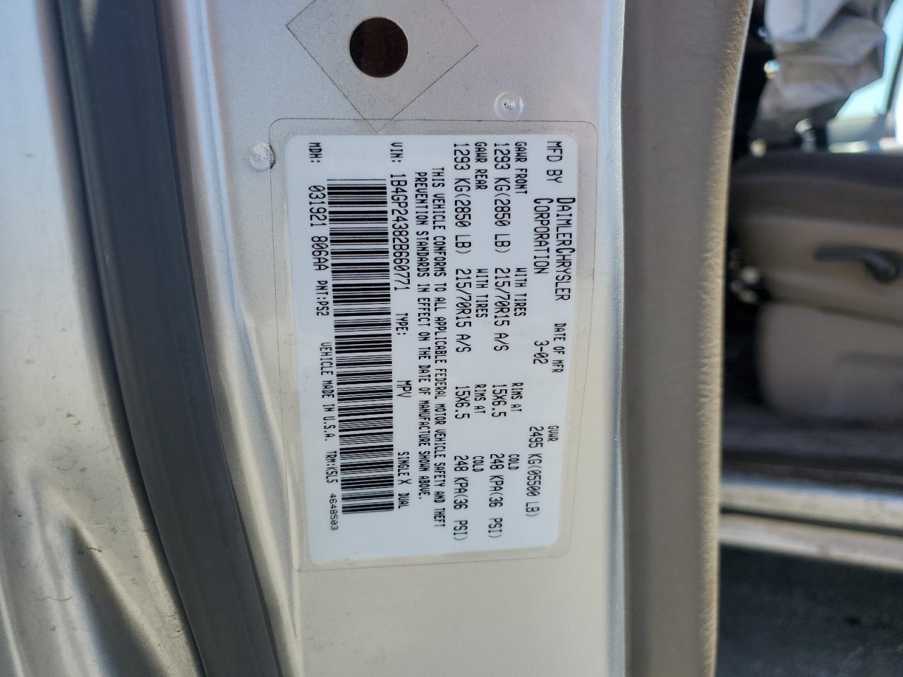 2002 Dodge Grand Caravan Se VIN: 1B4GP24382B660771 Lot: 72047005