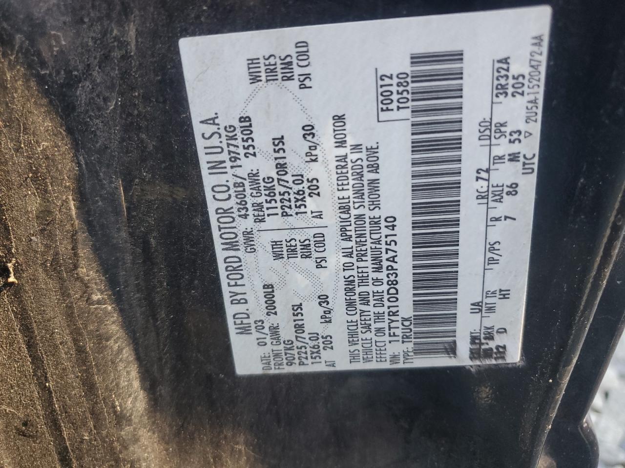 2003 Ford Ranger VIN: 1FTYR10D83PA75140 Lot: 80628345