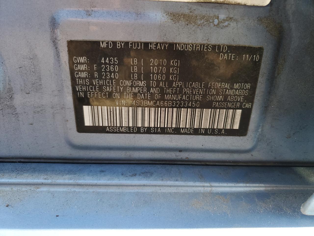 2011 Subaru Legacy 2.5I VIN: 4S3BMCA66B3233450 Lot: 80823695