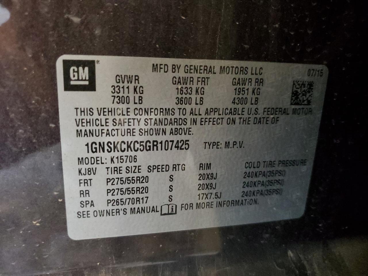 2016 Chevrolet Tahoe K1500 Ltz VIN: 1GNSKCKC5GR107425 Lot: 81219225