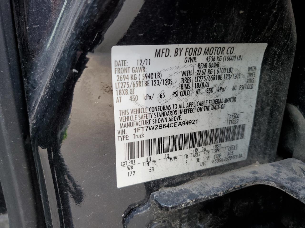 2012 Ford F250 Super Duty VIN: 1FT7W2B64CEA94921 Lot: 71175505