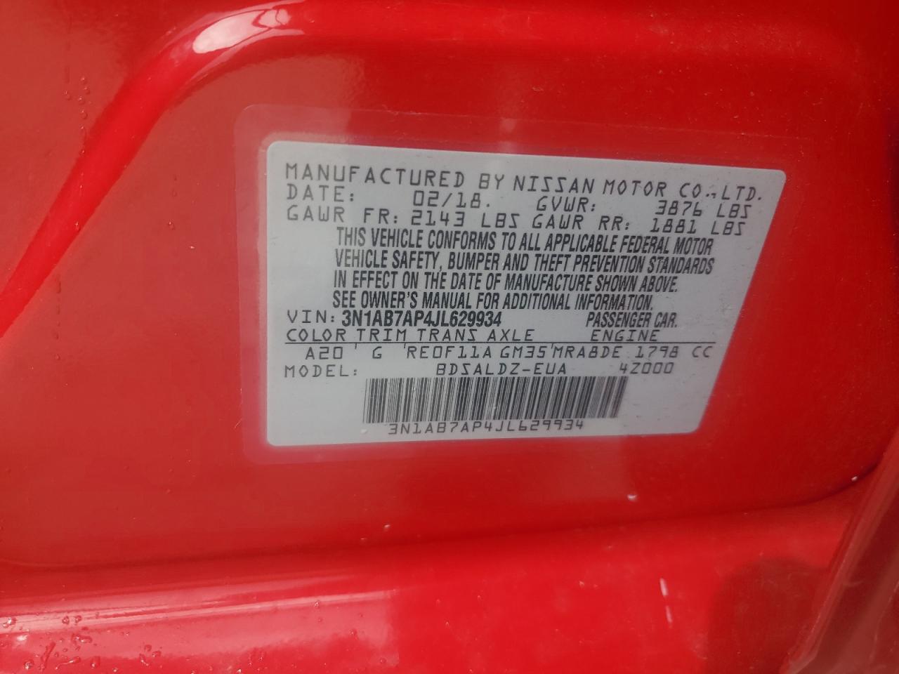 2018 Nissan Sentra S VIN: 3N1AB7AP4JL629934 Lot: 81522455