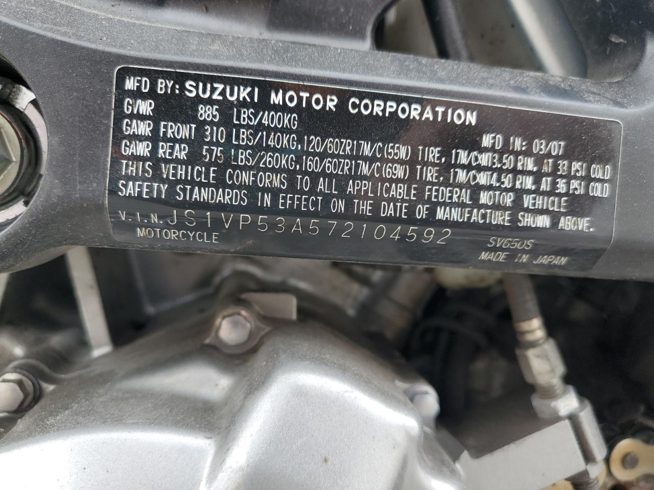 2007 Suzuki Sv650 VIN: JS1VP53A572104592 Lot: 80874705