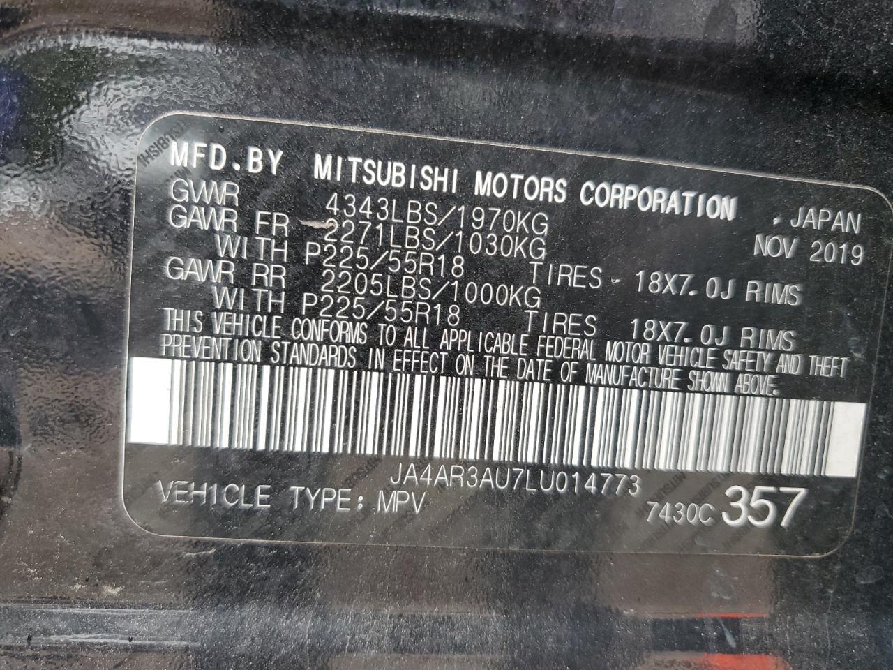 2020 Mitsubishi Outlander Sport Es VIN: JA4AR3AU7LU014773 Lot: 71806055