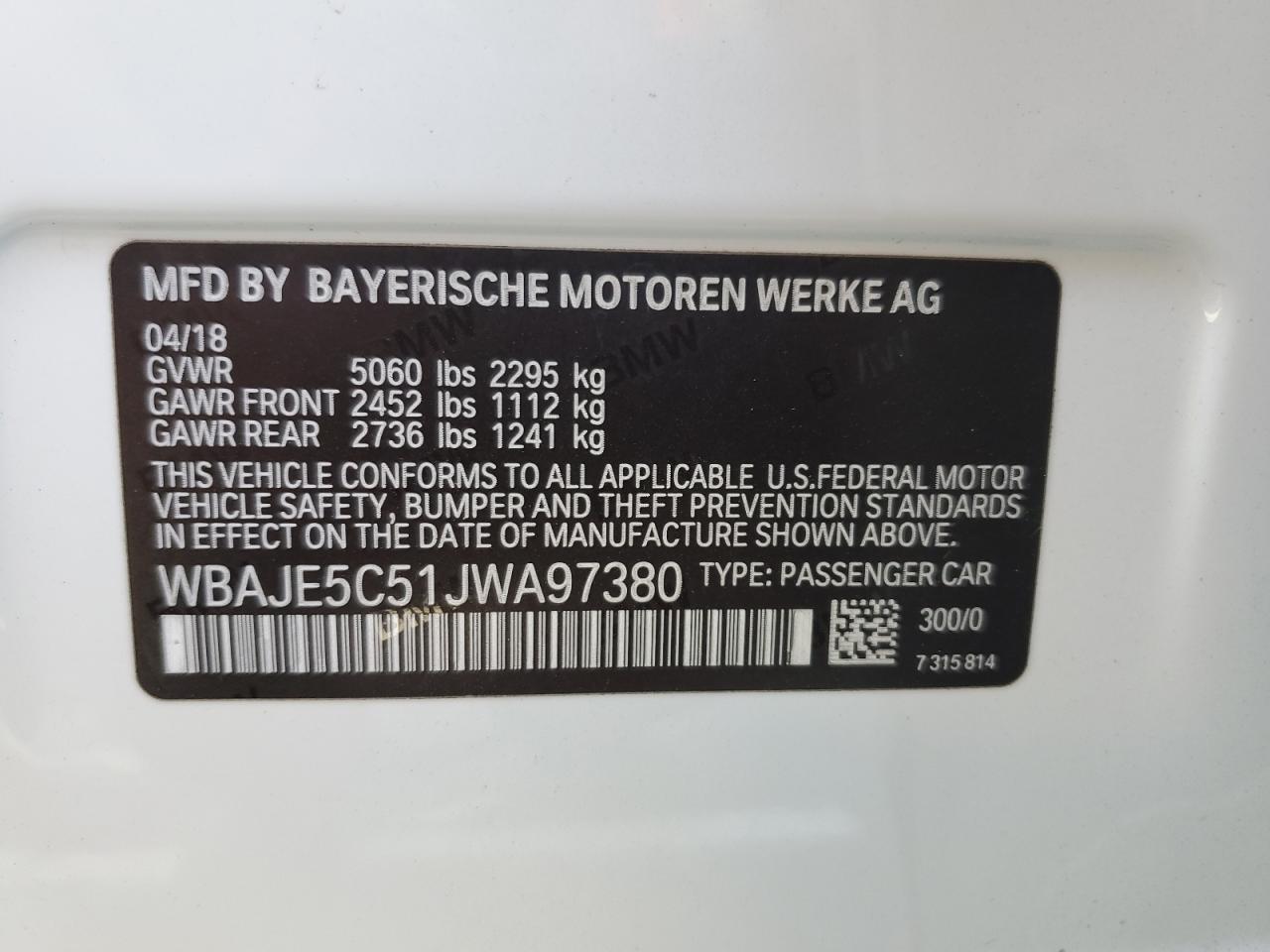 2018 BMW 540 I VIN: WBAJE5C51JWA97380 Lot: 80740165