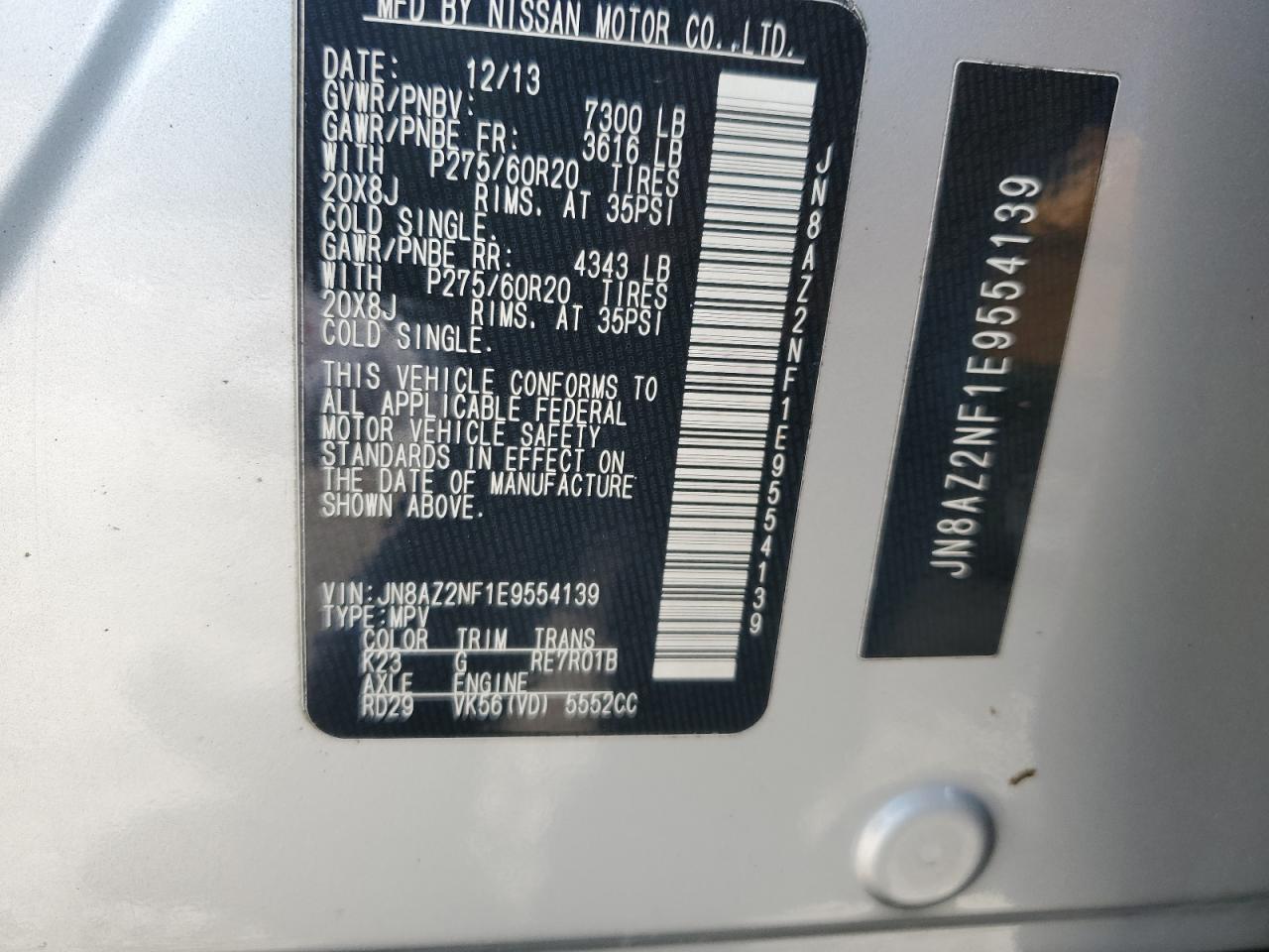 2014 Infiniti Qx80 VIN: JN8AZ2NF1E9554139 Lot: 80077035