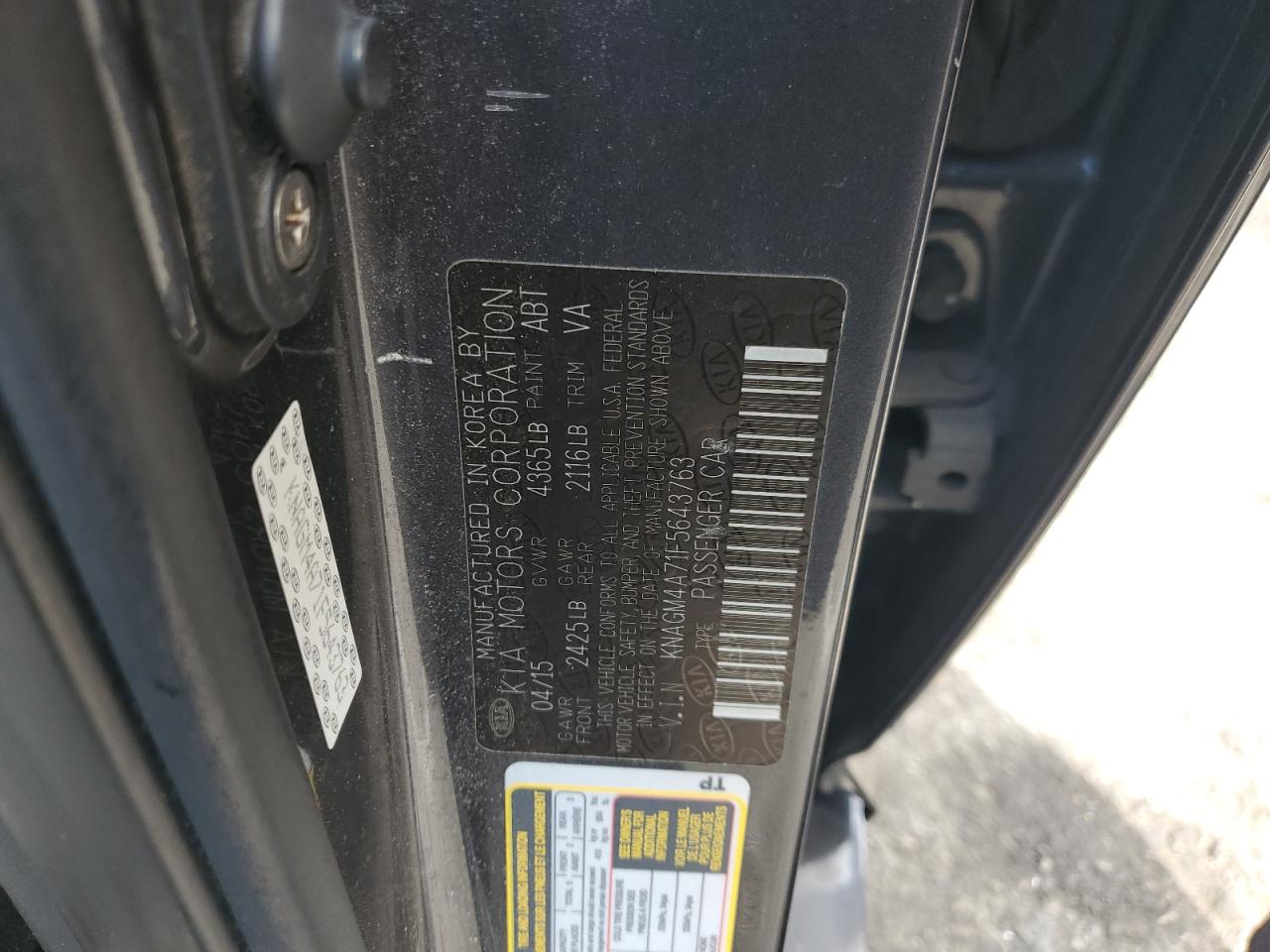 2015 Kia Optima Lx VIN: KNAGM4A71F5643763 Lot: 81373325