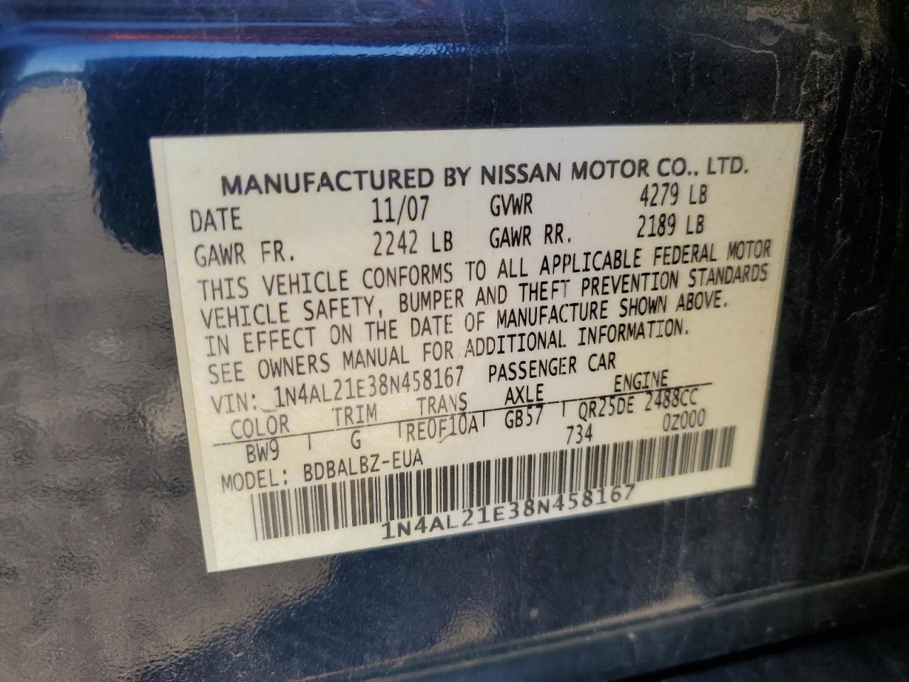 2008 Nissan Altima 2.5 VIN: 1N4AL21E38N458167 Lot: 84812015