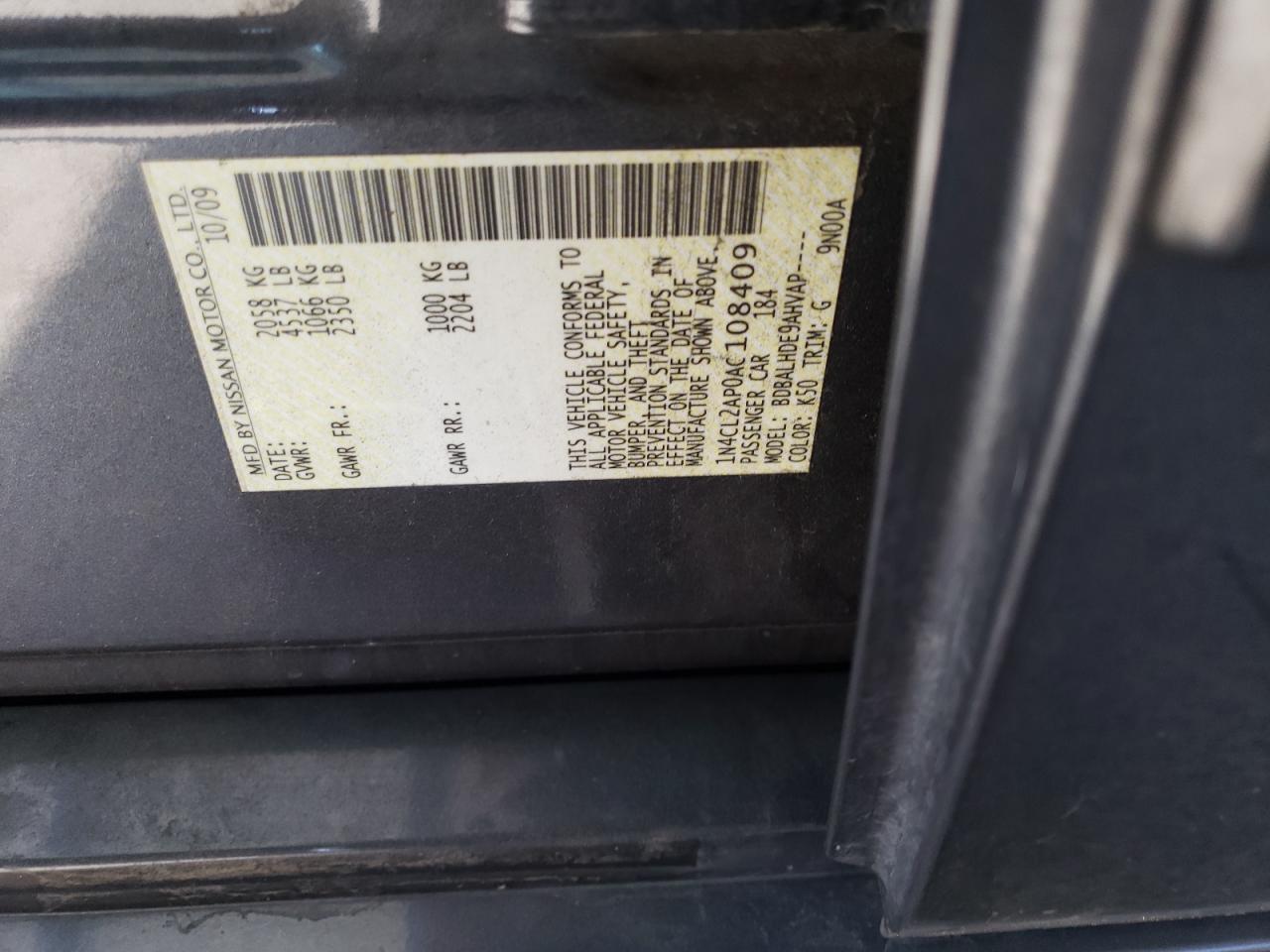 2010 Nissan Altima Hybrid VIN: 1N4CL2AP0AC108409 Lot: 80583275