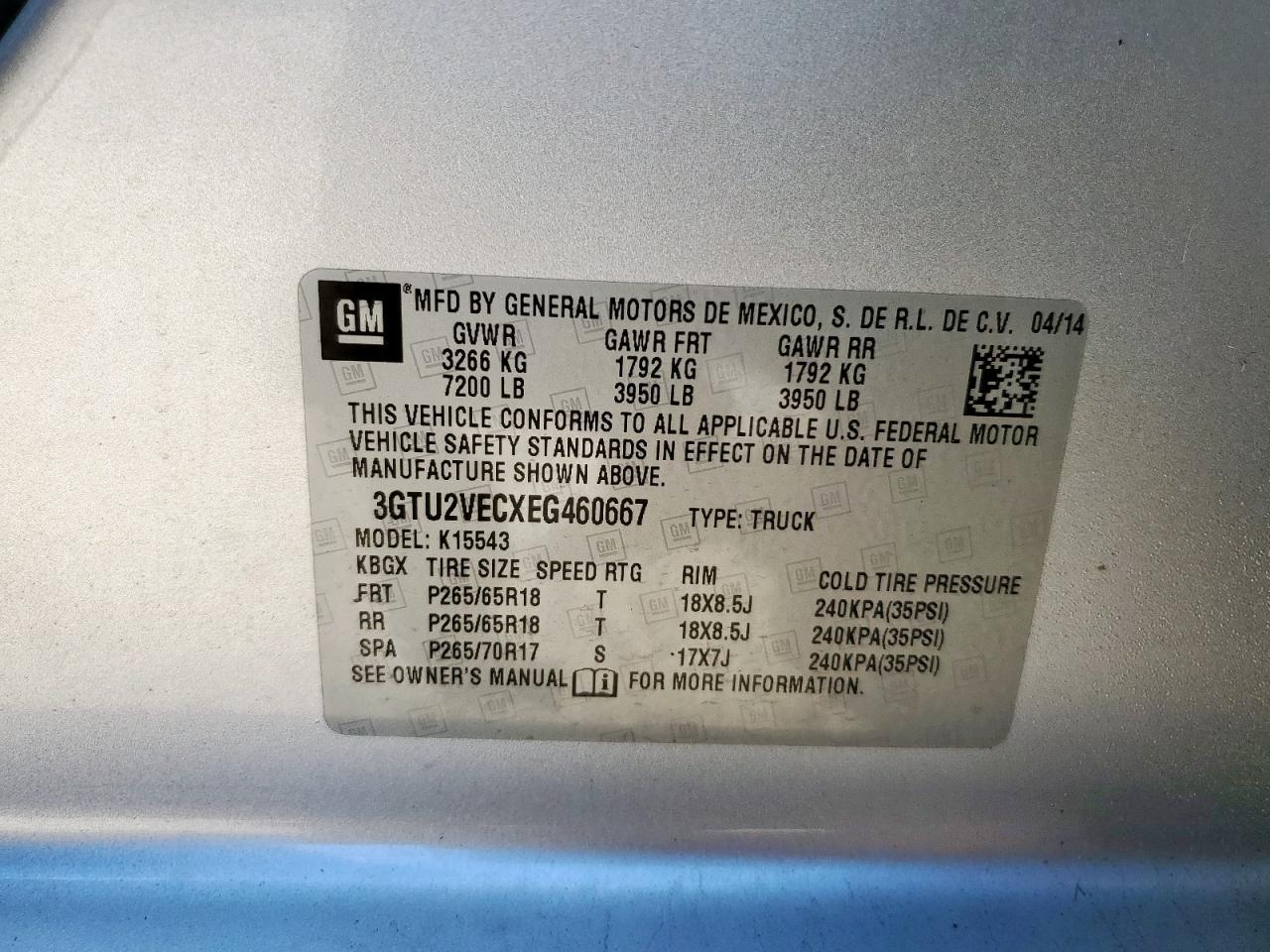 2014 GMC Sierra K1500 Slt VIN: 3GTU2VECXEG460667 Lot: 84463135