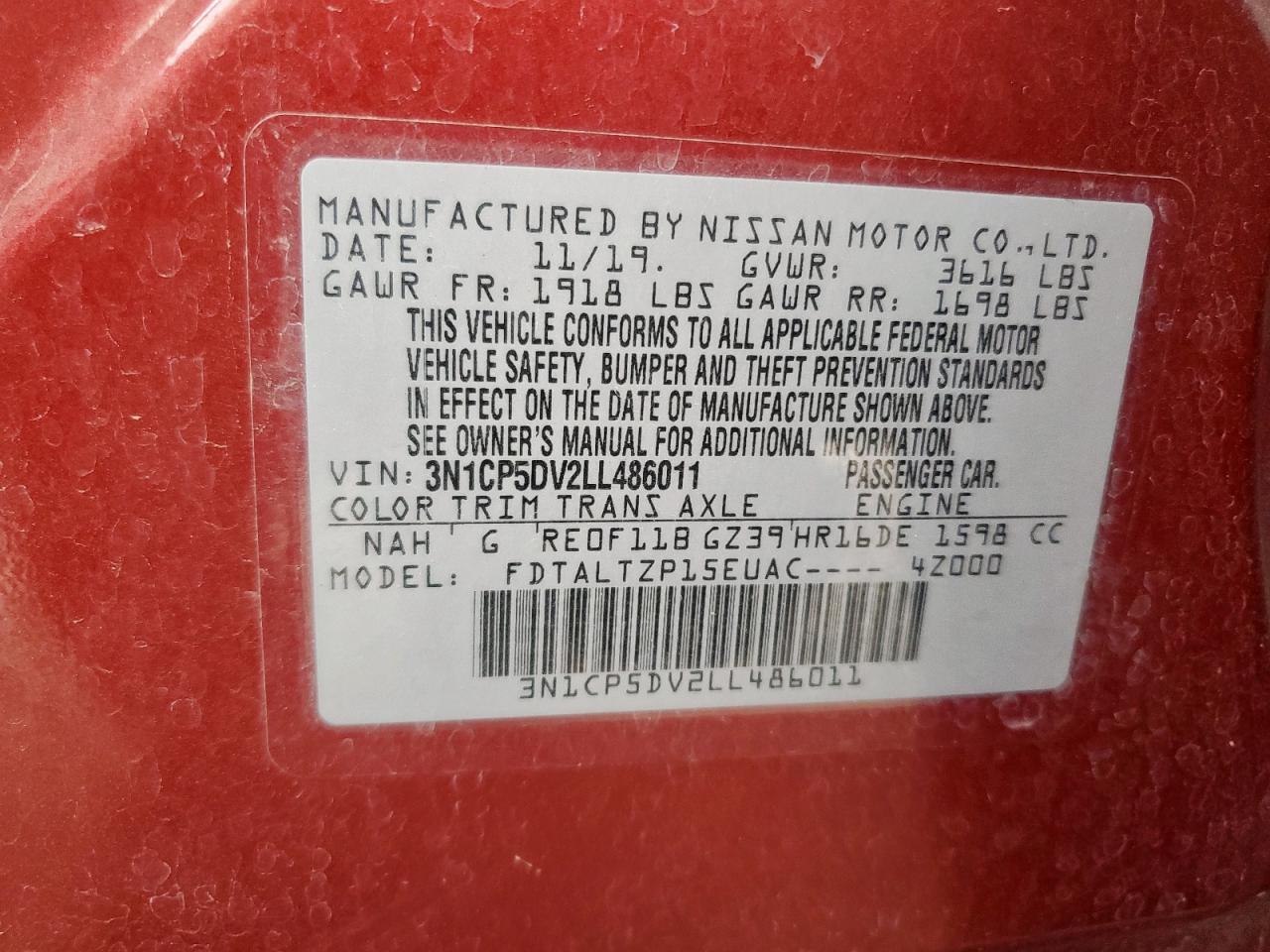 2020 Nissan Kicks Sr VIN: 3N1CP5DV2LL486011 Lot: 71710155