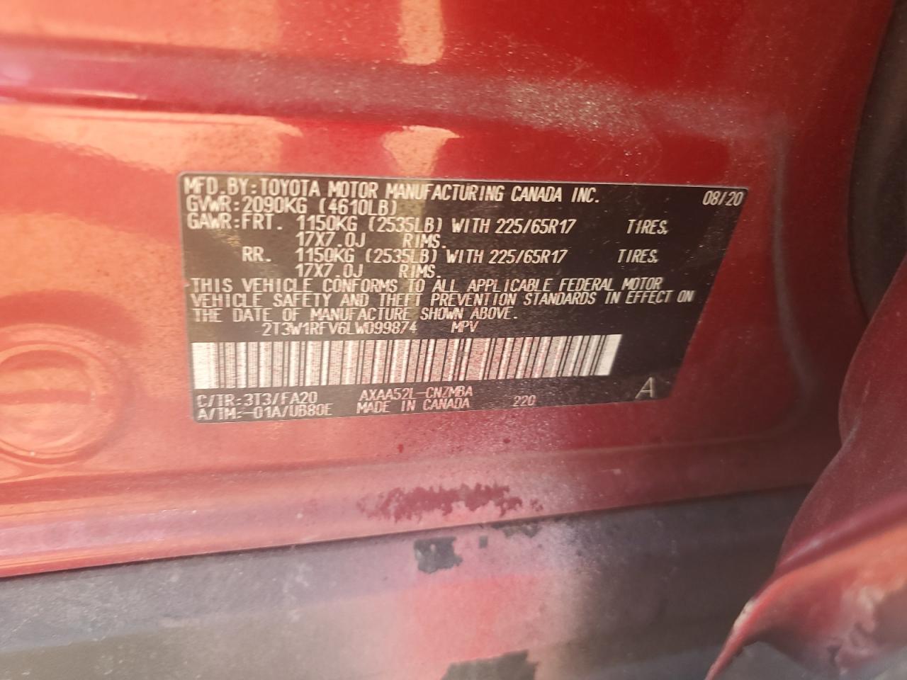 2020 Toyota Rav4 Xle VIN: 2T3W1RFV6LW099874 Lot: 81410165