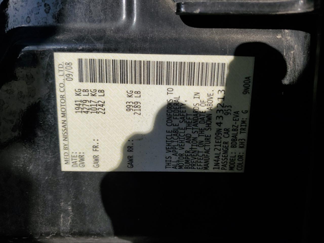 2009 Nissan Altima 2.5 VIN: 1N4AL21E09N433213 Lot: 80302225