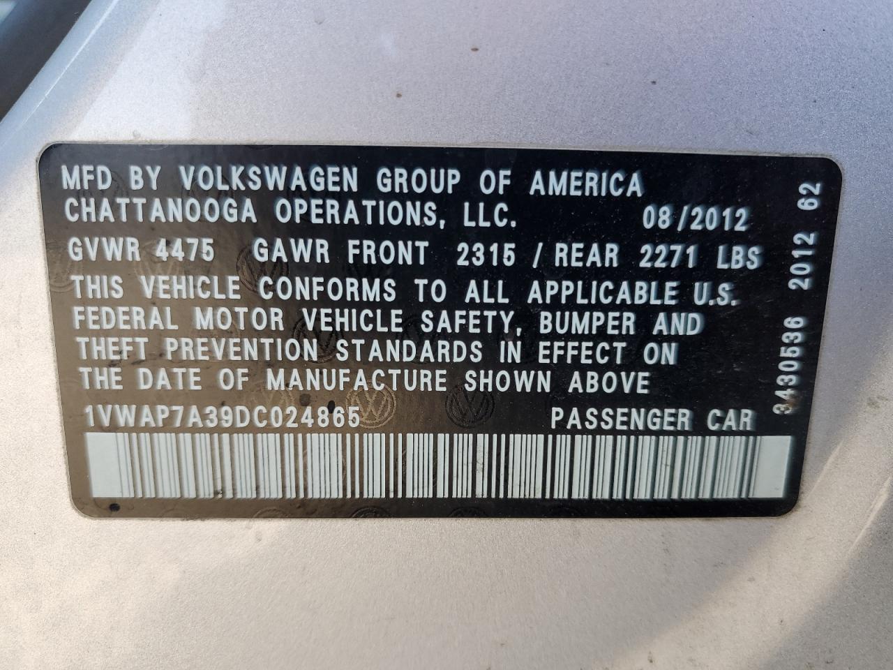 2013 Volkswagen Passat S VIN: 1VWAP7A39DC024865 Lot: 80713935