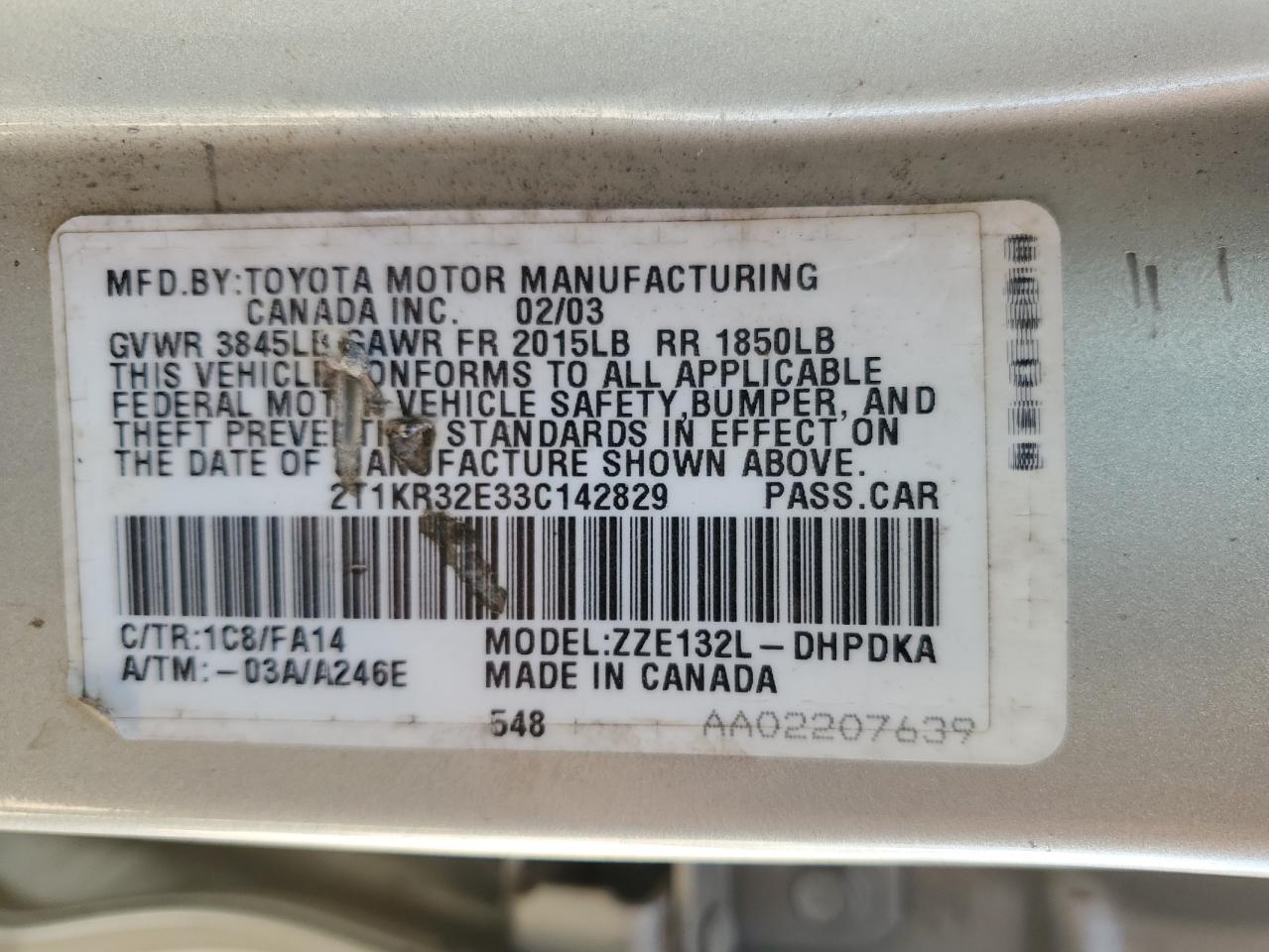 2003 Toyota Corolla Matrix Xr VIN: 2T1KR32E33C142829 Lot: 81281525