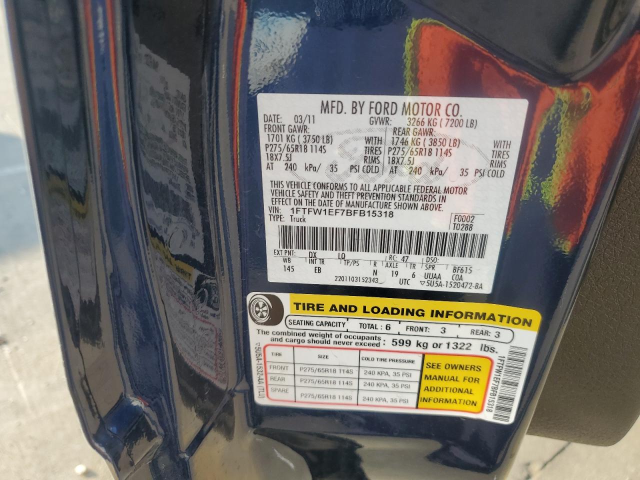 2011 Ford F150 Supercrew VIN: 1FTFW1EF7BFB15318 Lot: 81153975