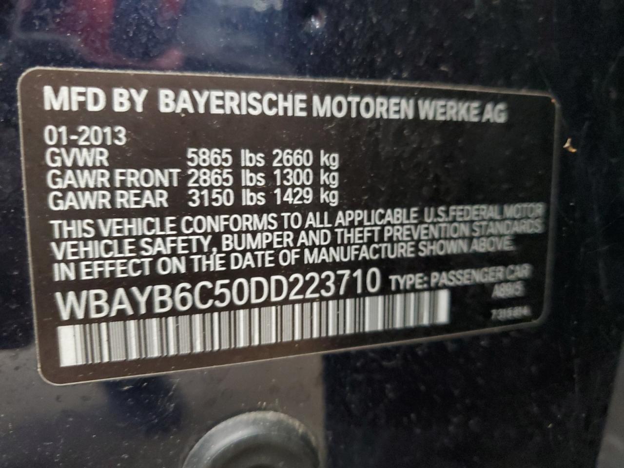 2013 BMW 750 Xi VIN: WBAYB6C50DD223710 Lot: 71781475