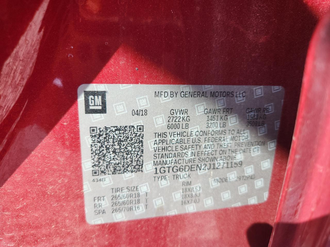 2018 GMC Canyon Slt VIN: 1GTG6DEN2J1271159 Lot: 81267445