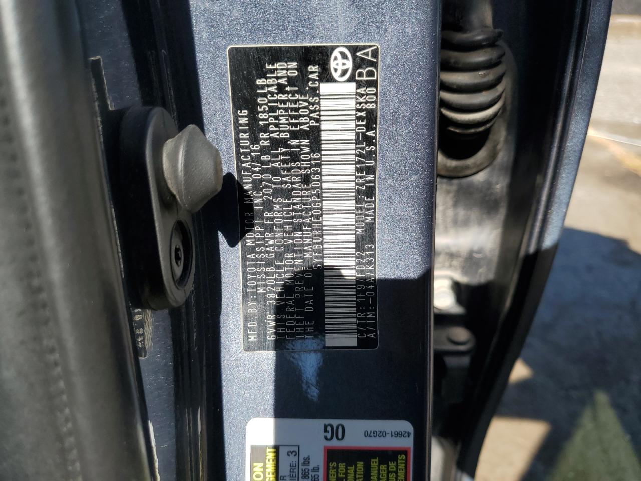 2016 Toyota Corolla L VIN: 5YFBURHE0GP506316 Lot: 84365625