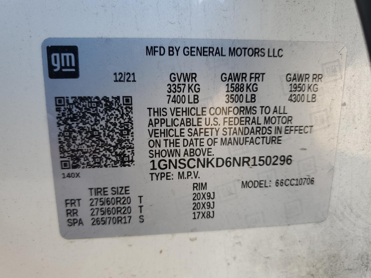 2022 Chevrolet Tahoe C1500 Lt VIN: 1GNSCNKD6NR150296 Lot: 80625575