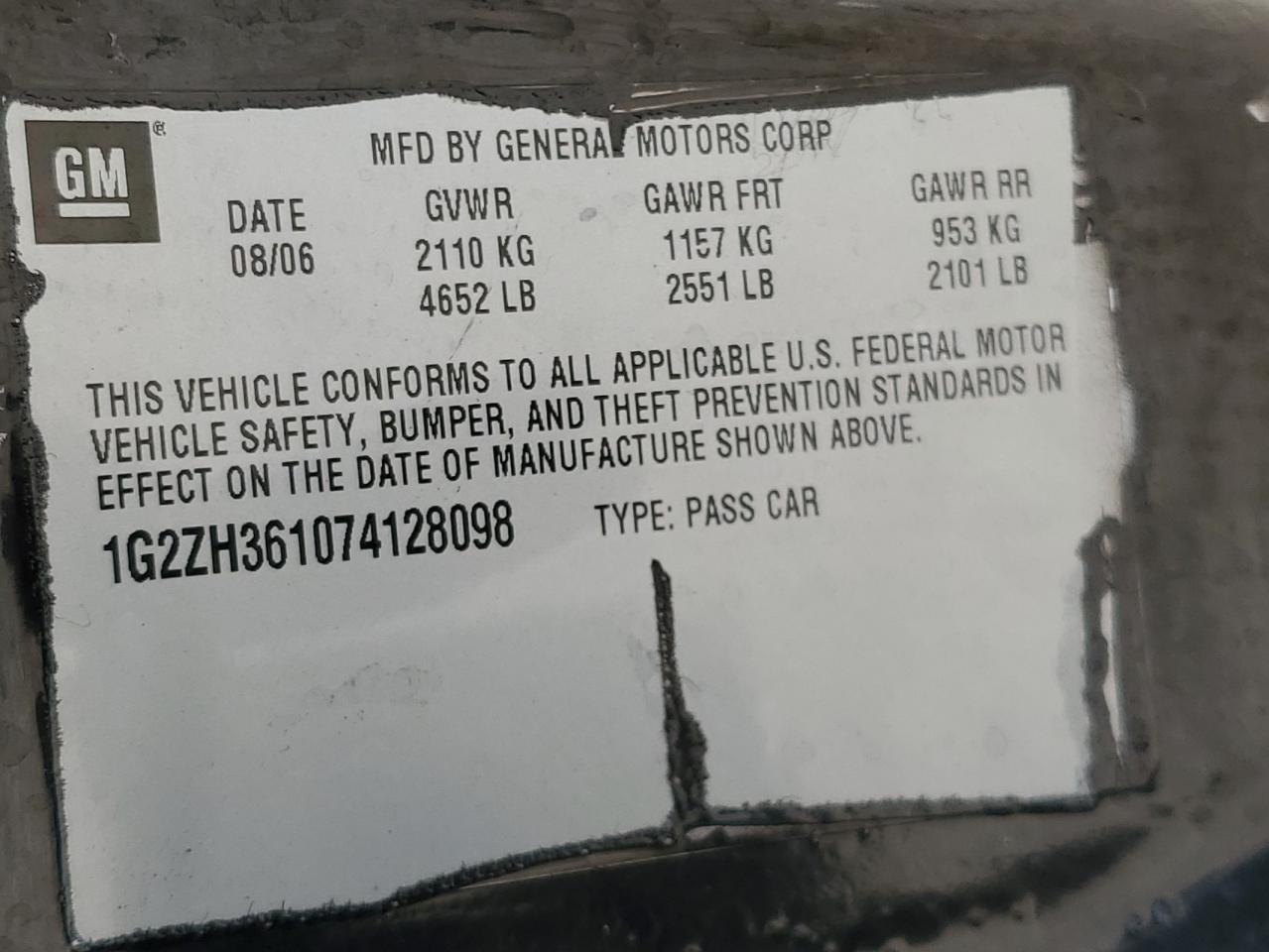 2007 Pontiac G6 Gt VIN: 1G2ZH361074128098 Lot: 72060735